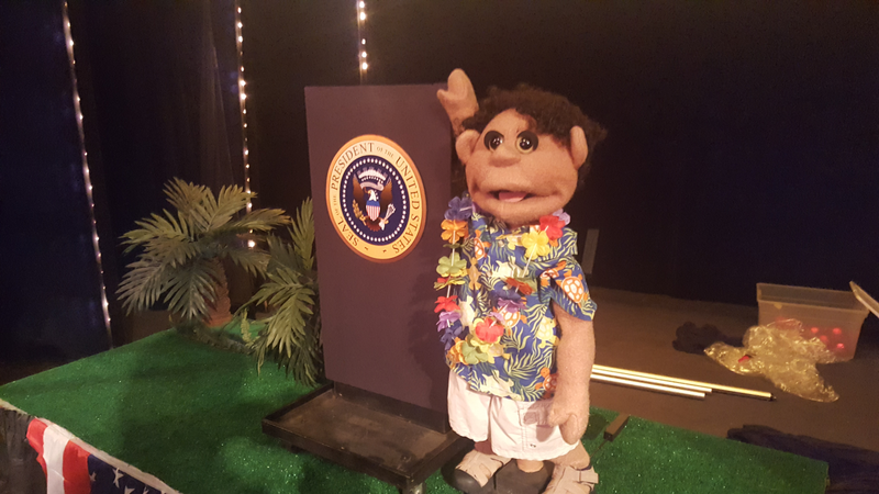 The stage and puppet used in a parody in which Obama, just back from vacation in Hawaii, spoke to the audience of the show.